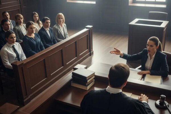 Courtroom scene with a defense attorney arguing a case, emphasizing legal proceedings and justice