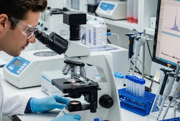 Laboratory scene with a scientist analyzing DNA evidence, highlighting the role of DNA in the justice system
